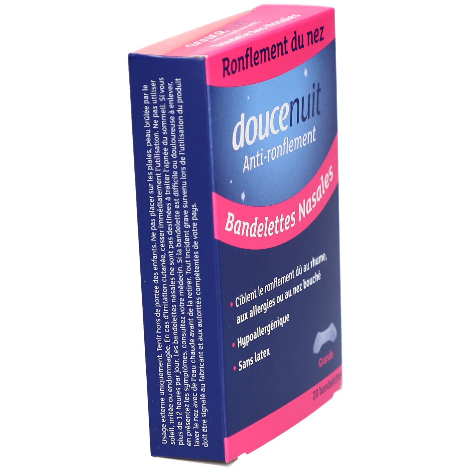 Boîte de bandelettes nasales anti-ronflement "doucenuit". Emballage bleu et rose. Vue latérale.