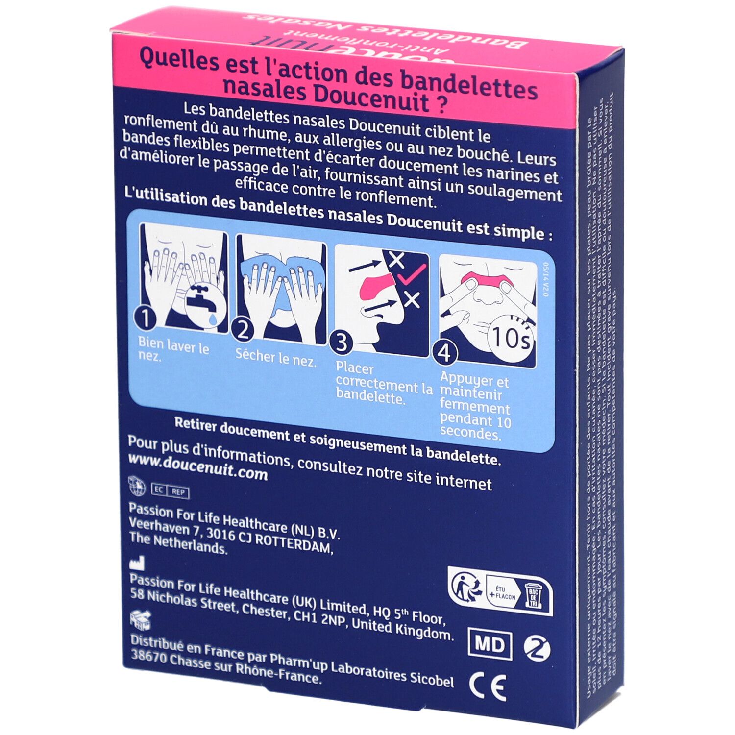 Dos de l'emballage des bandelettes nasales "doucenuit". Instructions et informations. Marquage CE.