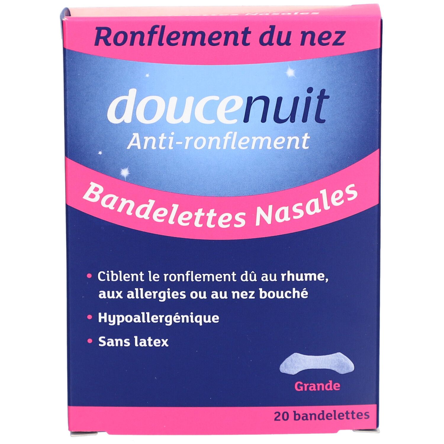 Boîte de bandelettes nasales anti-ronflement "doucenuit". Emballage bleu et rose. Contient 20 bandelettes.
