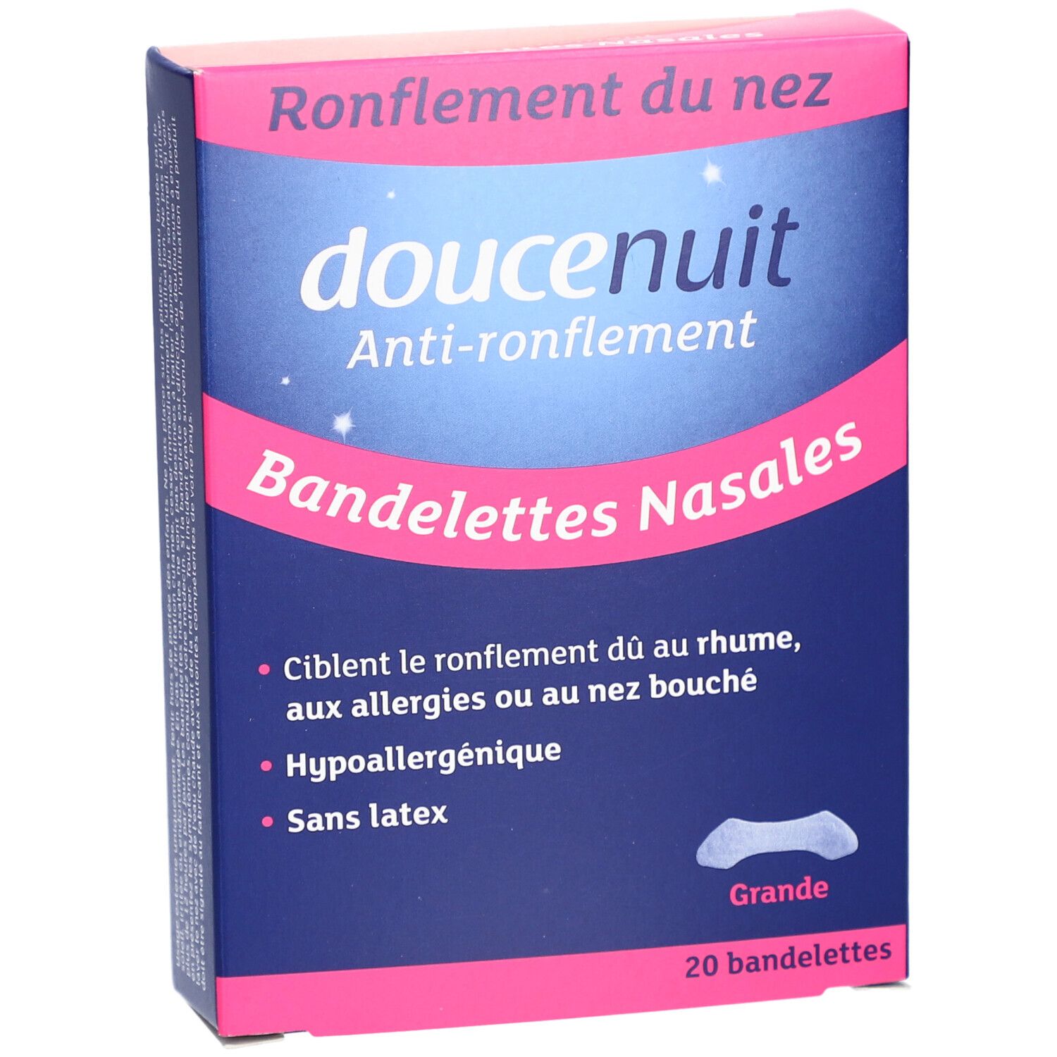 Boîte de bandelettes nasales anti-ronflement "doucenuit". Emballage bleu et rose. Contient 20 bandelettes.