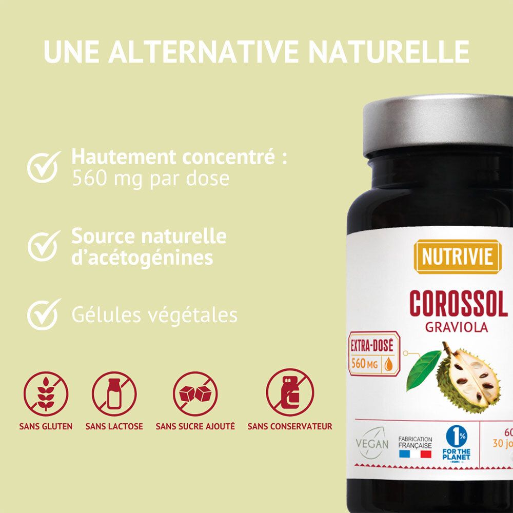 Bouteille de gélules Corossol Graviola. Mentions haute concentration, source naturelle, gélules végétales, vegan.