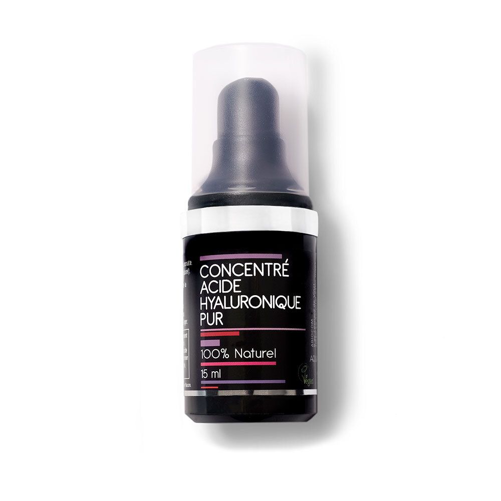 Flacon noir avec pompe, étiquette "Concentré Acide Hyaluronique Pur" et "100% Naturel".