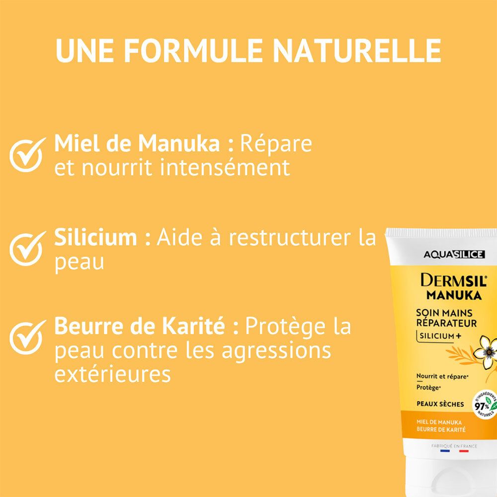 Tube de crème pour les mains Aquasilice Dermsil Manuka avec texte sur les ingrédients naturels.