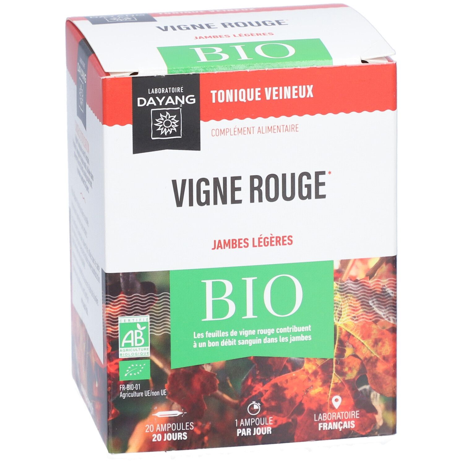 Boîte DAYANG Vigne Rouge BIO. Inscriptions: BIO, 20 ampoules, Tonique Veineux, Jambes Légères. Certification française.