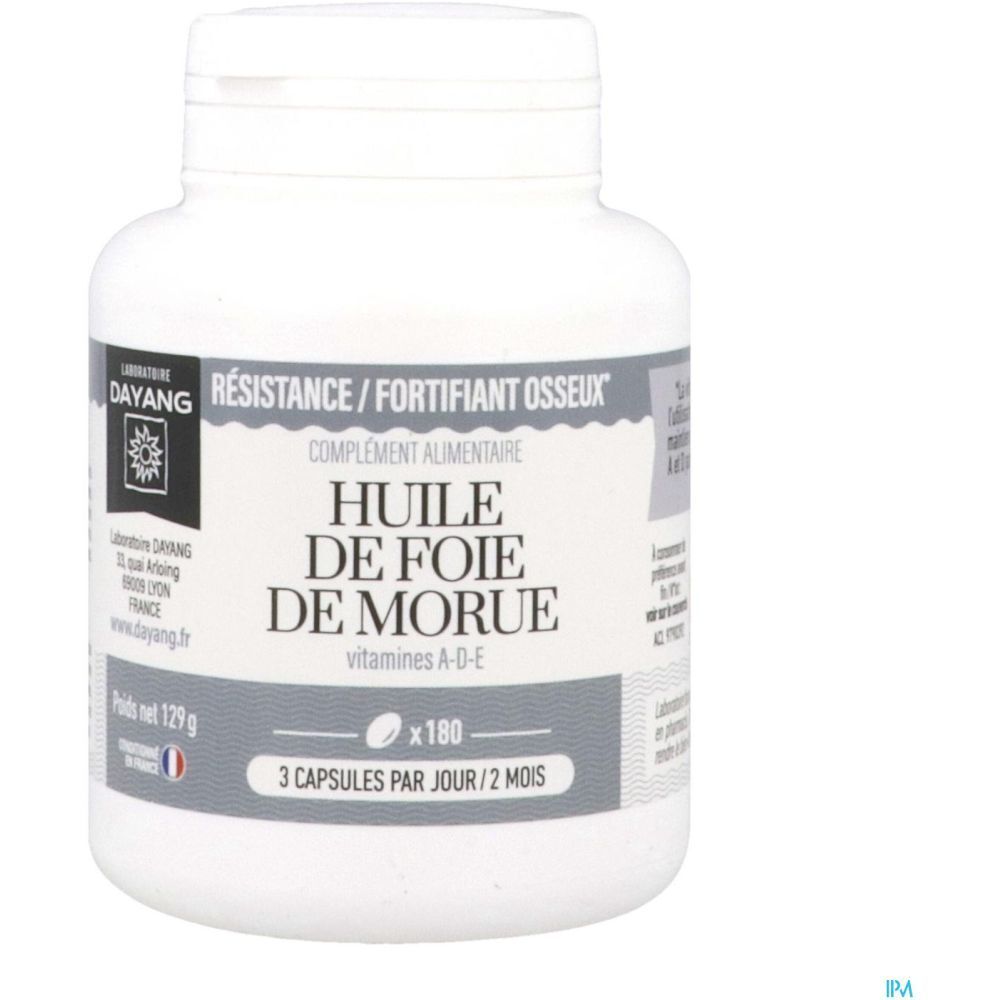 Flacon blanc de gélules. Inscription: Huile de Foie de Morue, 180 gélules. Marque: Dayang.