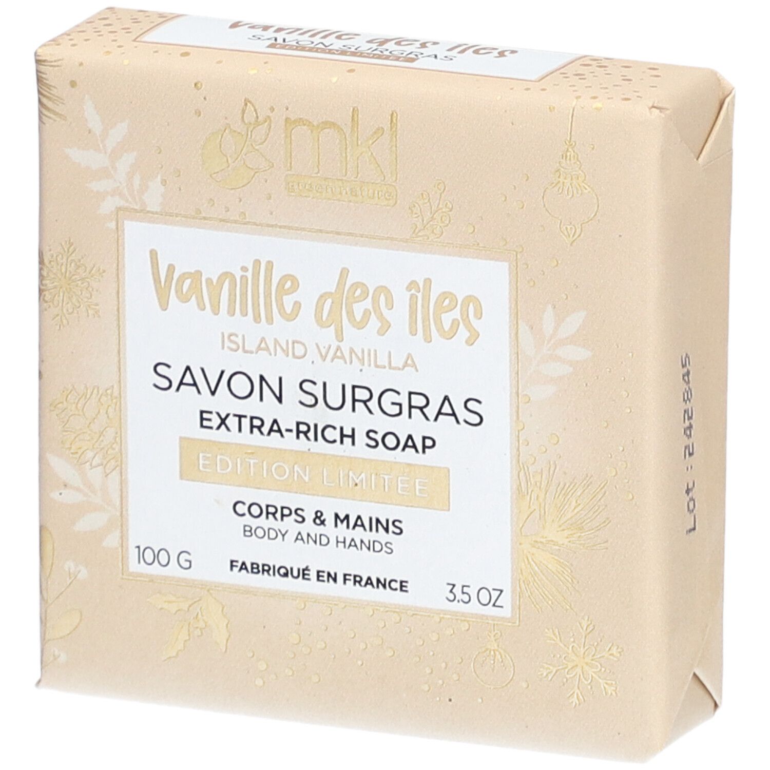 Bloc de savon emballé. Inscription : Vanille des Iles, Savon Surgras, Extra-Rich Soap. 100g, 3.5 OZ. Edition Limitée.