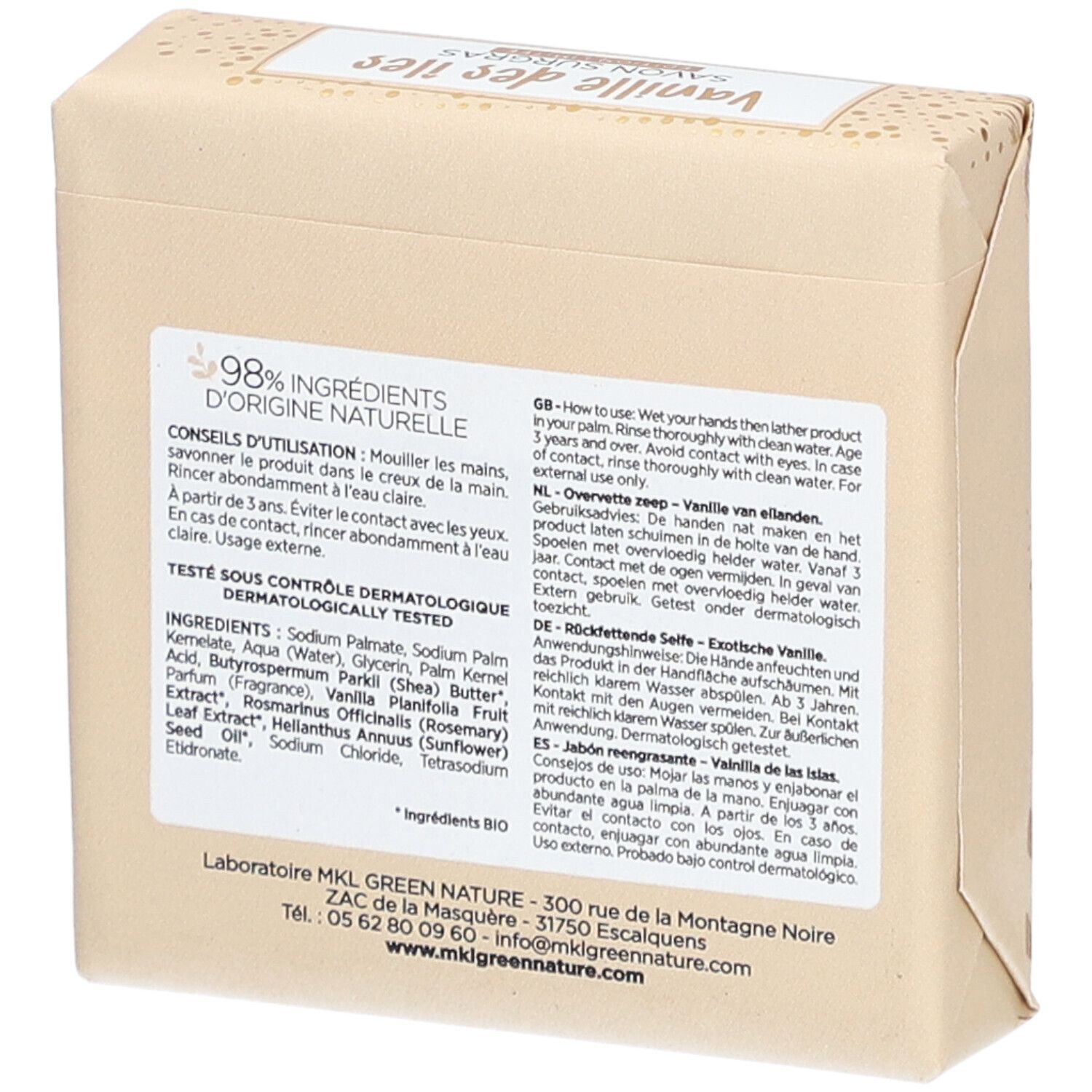 Dos d'un bloc de savon emballé. Inscription : 98% Ingrédients d'origine naturelle. Ingrédients et mode d'emploi.