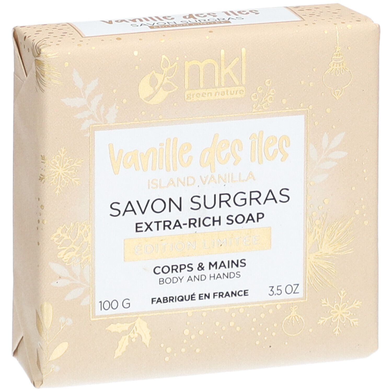 Vue de dessus d'un bloc de savon emballé. Inscription : Vanille des Iles, Savon Surgras, Extra-Rich Soap. 100g, 3.5 OZ. Edition Limitée.