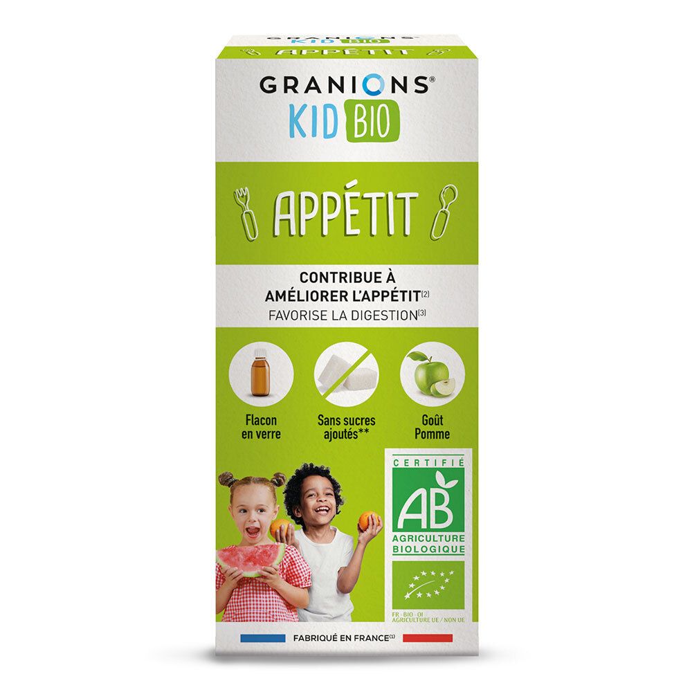 Boîte de GRANIONS® Kid Bio Appétit Sirop. Design vert et blanc, logo et illustrations. Certification AB.