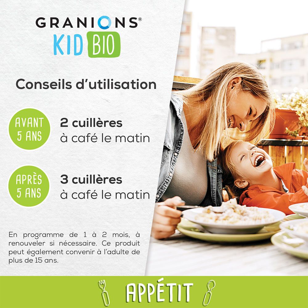 Tableau de recommandations de dosage pour GRANIONS® Kid Bio Appétit Sirop. Enfant à table, riant.