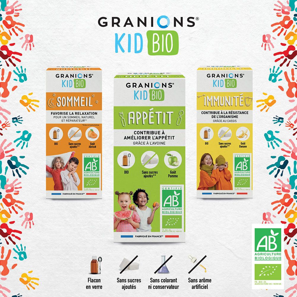 Trois produits GRANIONS® Kid Bio : Appétit, Sommeil, Immunité. Emballages avec illustrations et certifications.
