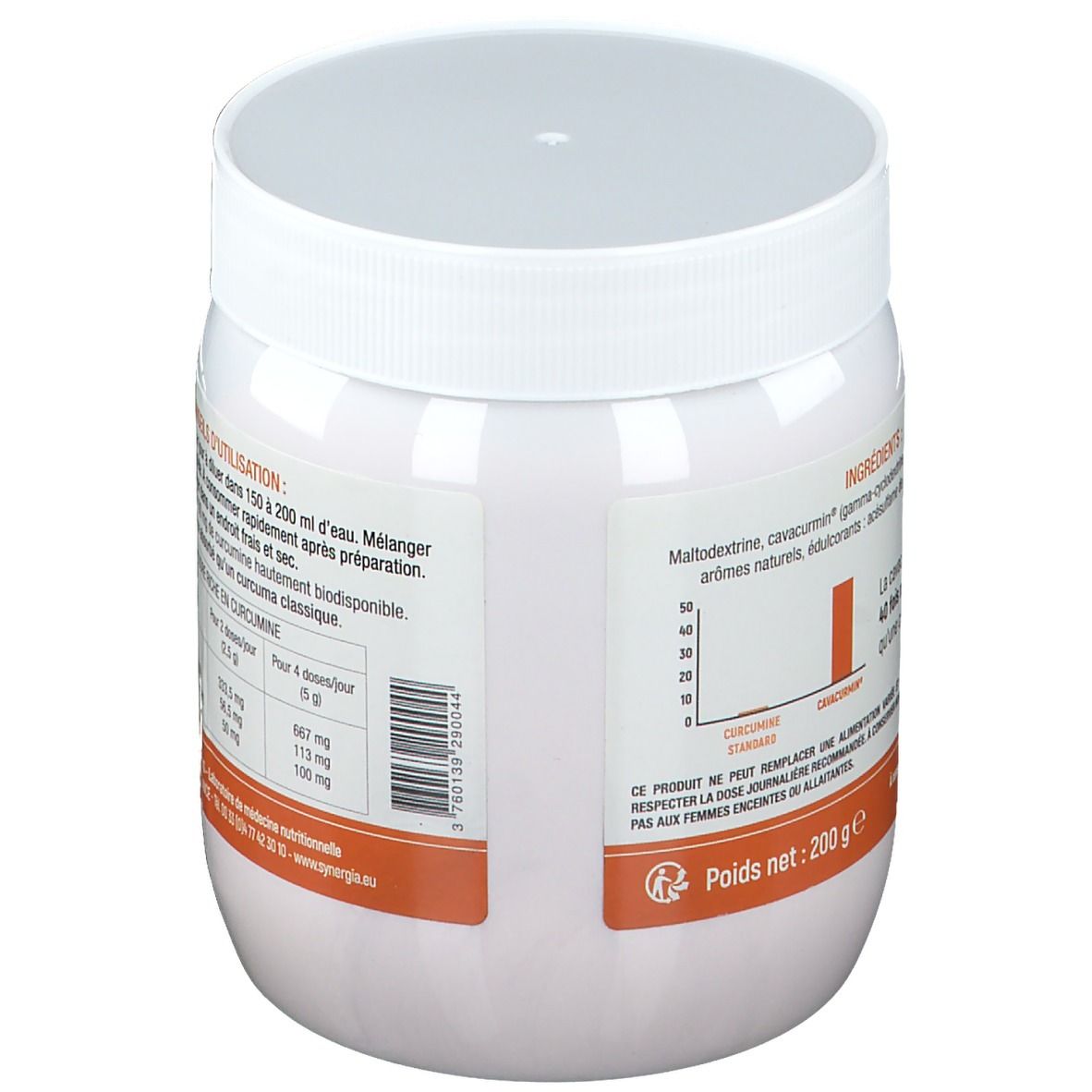 Pot blanc avec couvercle. Arrière avec texte et diagramme. Inscription: synergia® curcuma. Bande orange.