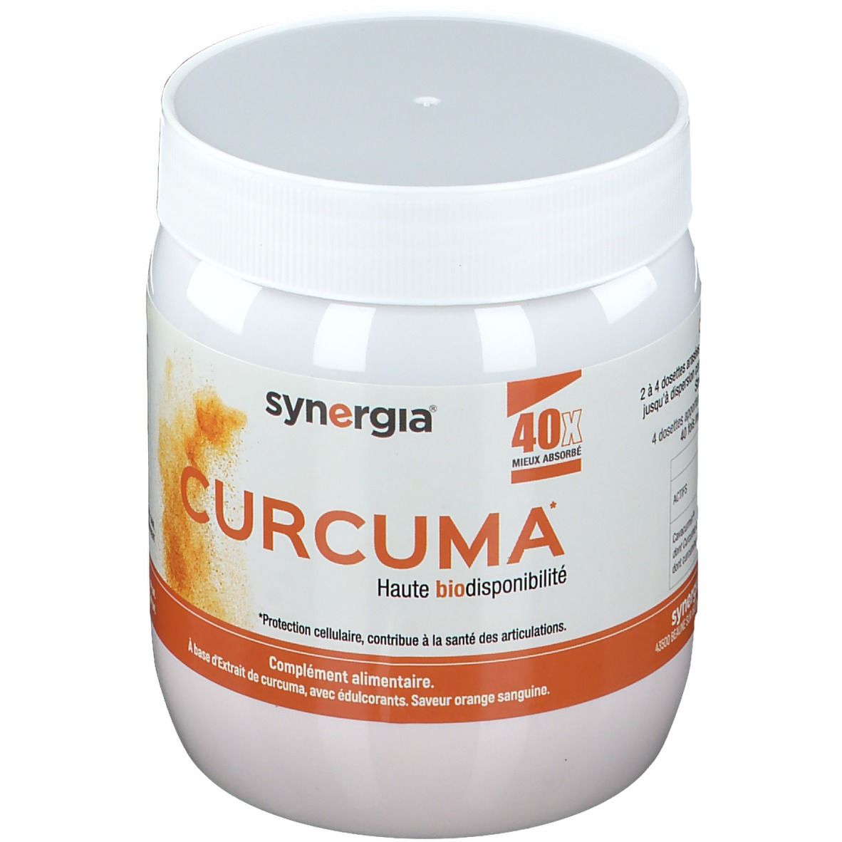 Pot blanc avec couvercle. Inscription: synergia® CURCUMA. Bande orange avec texte. 40X plus haute biodisponibilité.