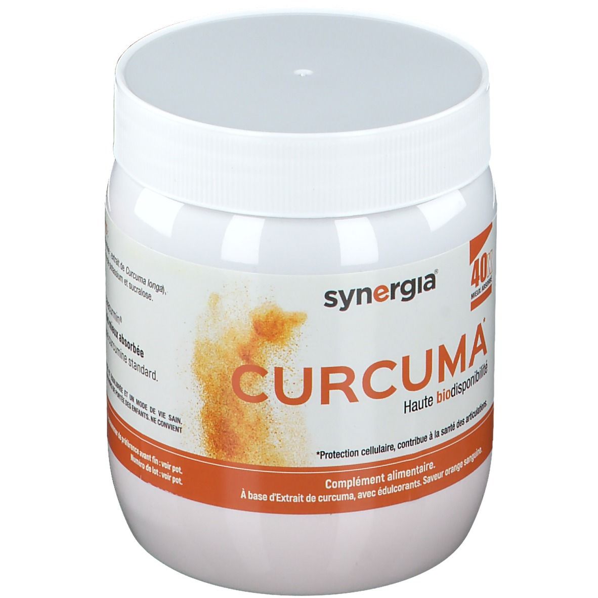 Pot blanc avec couvercle. Inscription: synergia® CURCUMA. Bande orange avec texte. Illustration du produit.