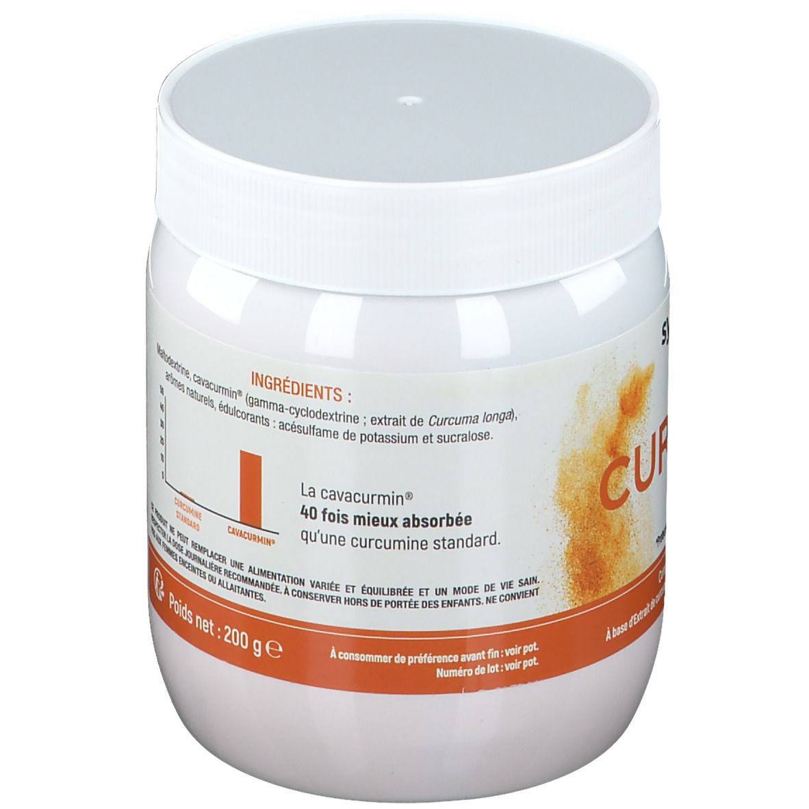 Pot blanc avec couvercle. Inscription: synergia® CURCUMA. Bande orange avec texte. Informations sur le produit.
