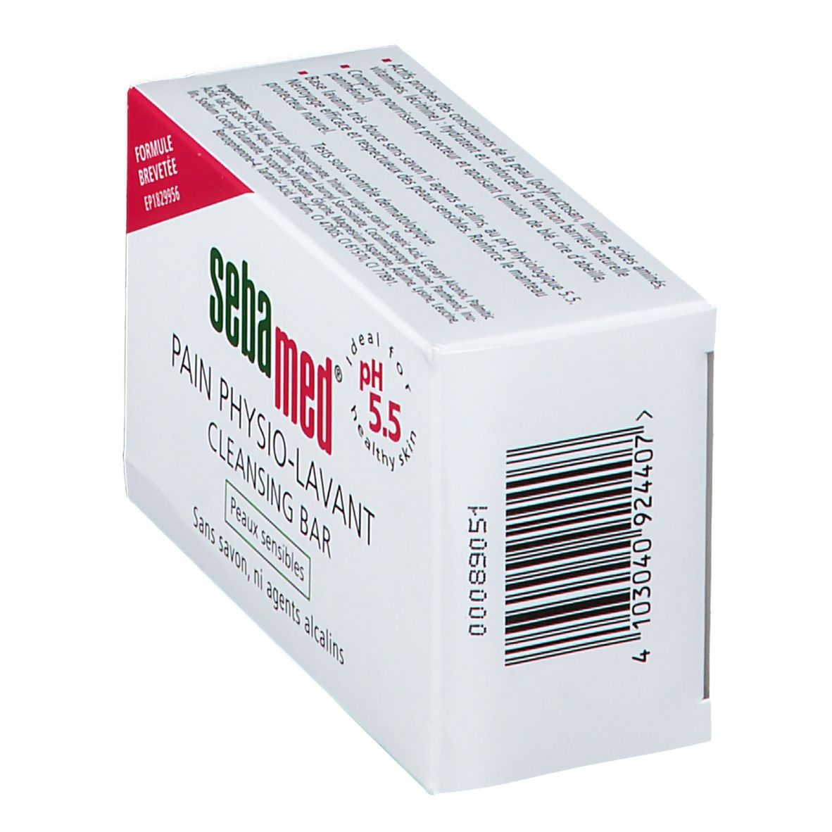 Emballage en carton blanc incliné avec logo Sebamed et nom du produit. Code-barres et texte : Pain Physio-Lavant, pH 5.5.