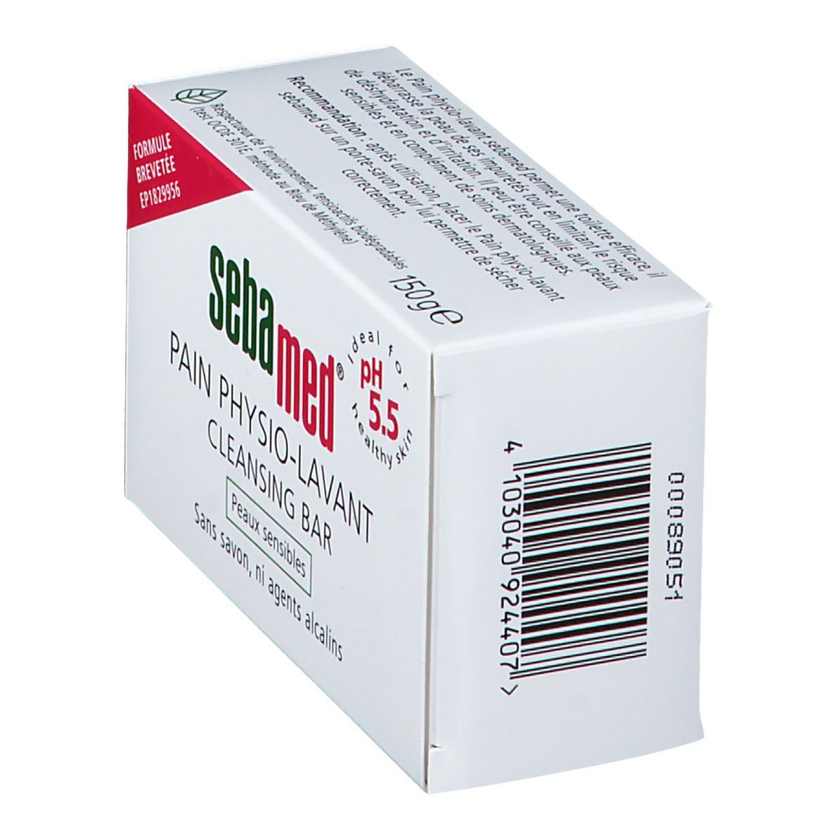 Emballage en carton blanc incliné avec logo Sebamed et nom du produit. Code-barres et texte : Pain Physio-Lavant, pH 5.5, 150g.