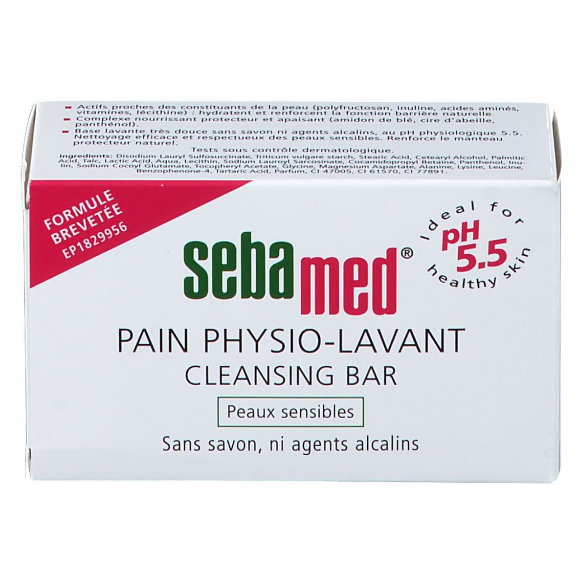 Boîte blanche avec logo Sebamed et nom du produit. Texte : Pain Physio-Lavant, Cleansing Bar, pH 5.5. Pour peaux sensibles.