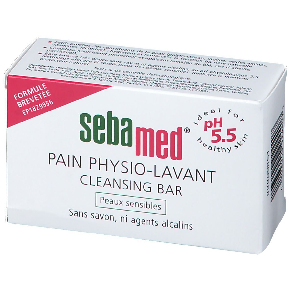 Boîte blanche avec logo Sebamed et nom du produit. Texte : Pain Physio-Lavant, Cleansing Bar, pH 5.5. Pour peaux sensibles.