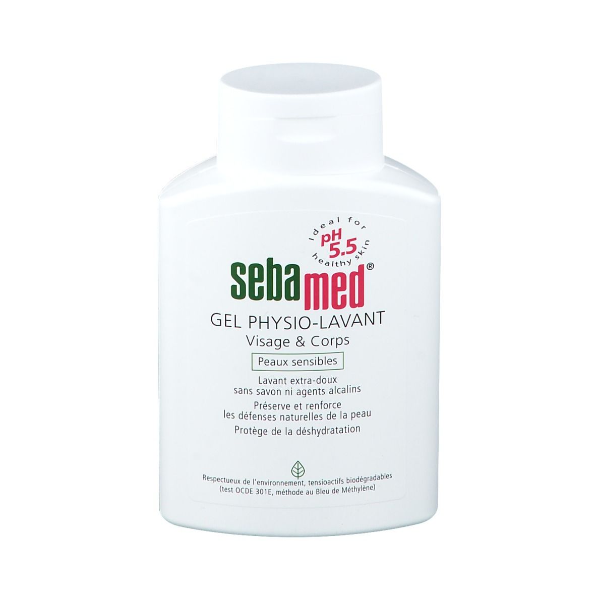 Flacon blanc Sebamed. pH 5,5. Gel Physio-Lavante Visage & Corps. Peaux sensibles. Sans savon, sans alcalins.