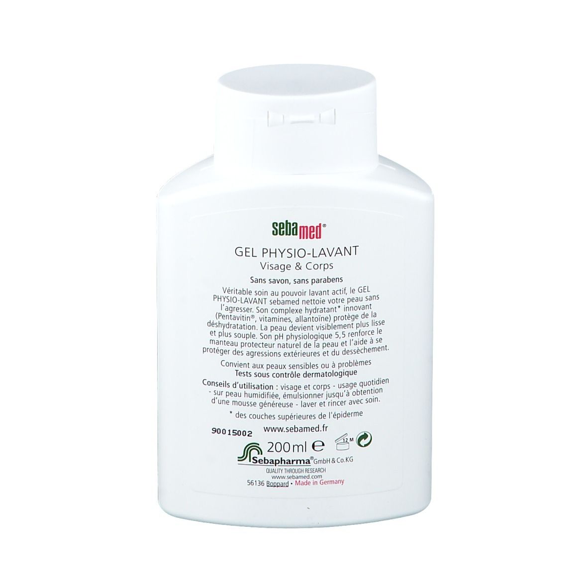 Dos du flacon Sebamed. Informations produit, ingrédients, mode d'emploi. 200 ml. Fabriqué en Allemagne.