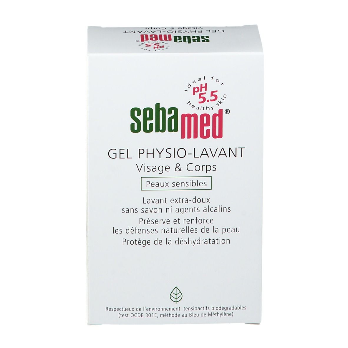 Emballage blanc Sebamed. Gel Physio-Lavante Visage & Corps. Peaux sensibles. Informations produit.