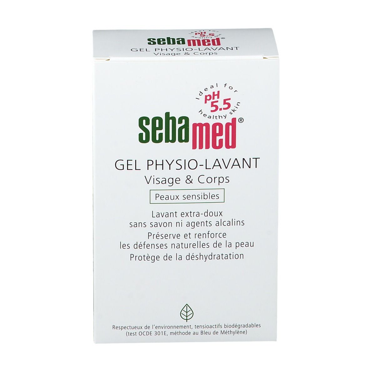Emballage blanc Sebamed. Gel Physio-Lavante Visage & Corps. Peaux sensibles. Informations produit.