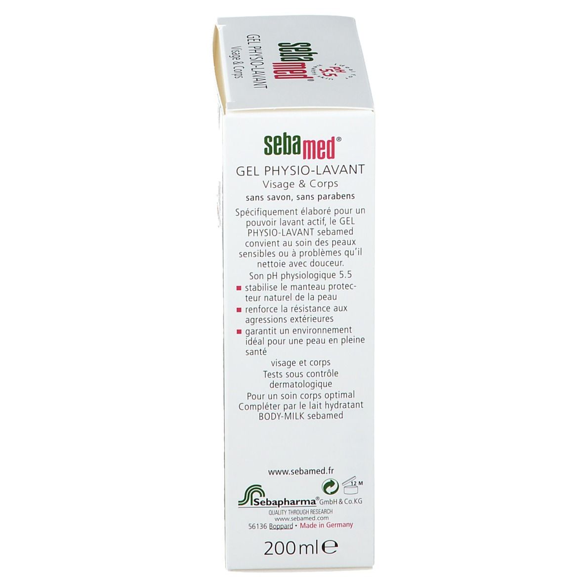 Vue latérale de l'emballage Sebamed. Gel Physio-Lavante Visage & Corps. Informations produit. 200 ml.