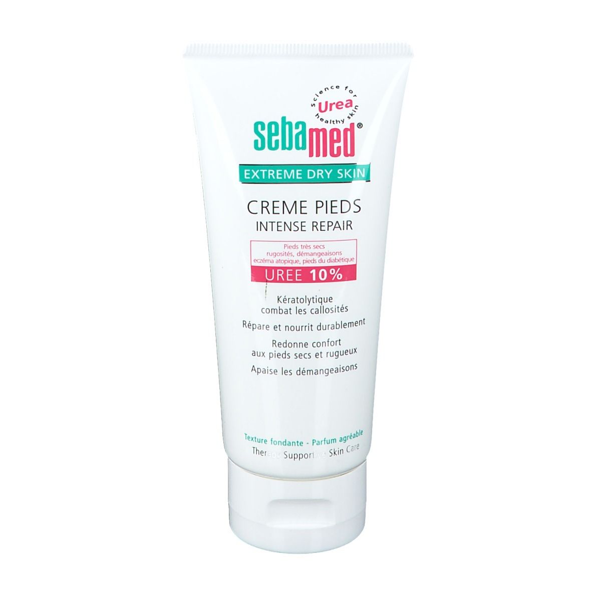 Tube de crème Sebamed® pour peau sèche. Blanc avec texte vert et rouge. UREA 10% imprimé.