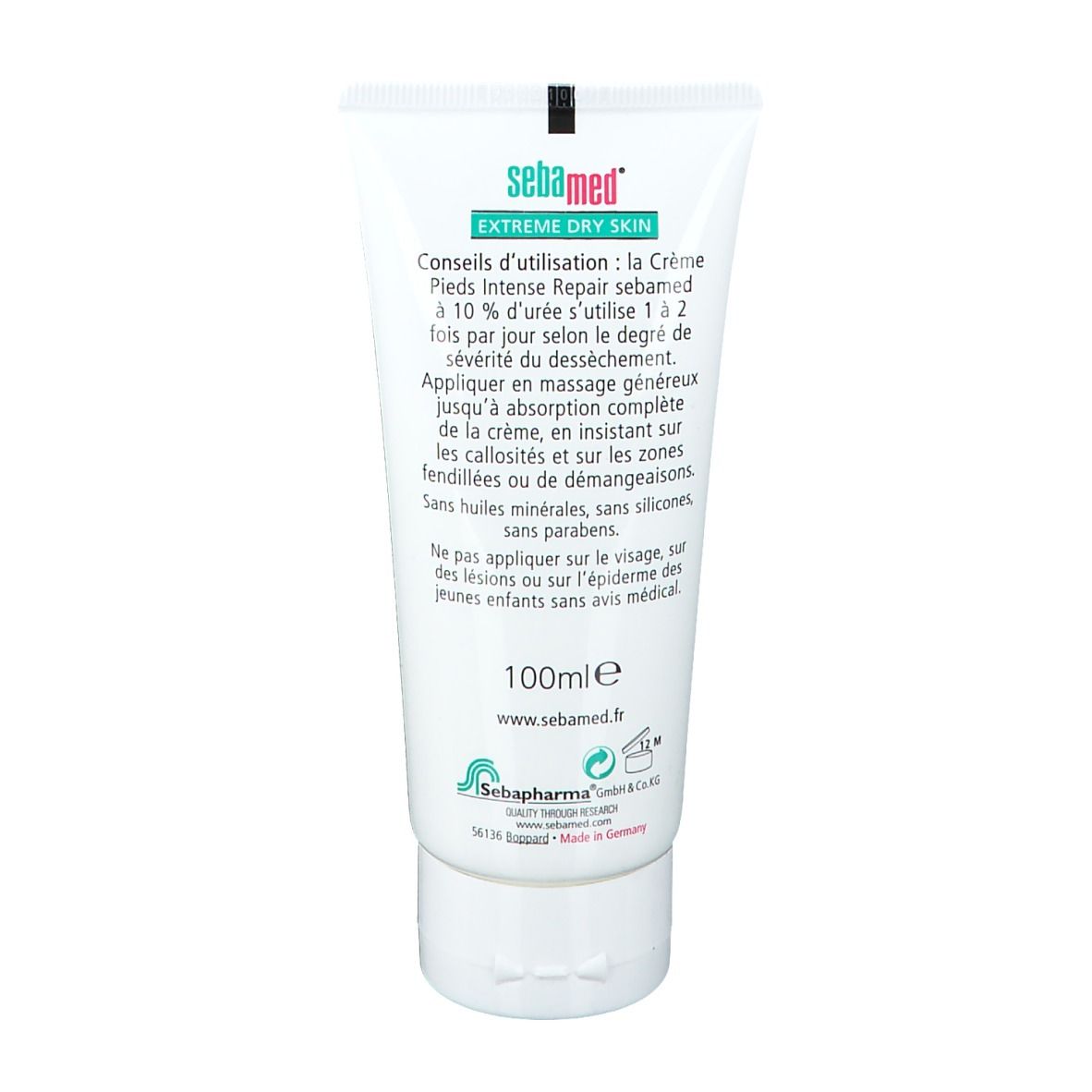 Dos du tube de crème Sebamed®. Contient des informations sur l'utilisation et les ingrédients. 100ml.