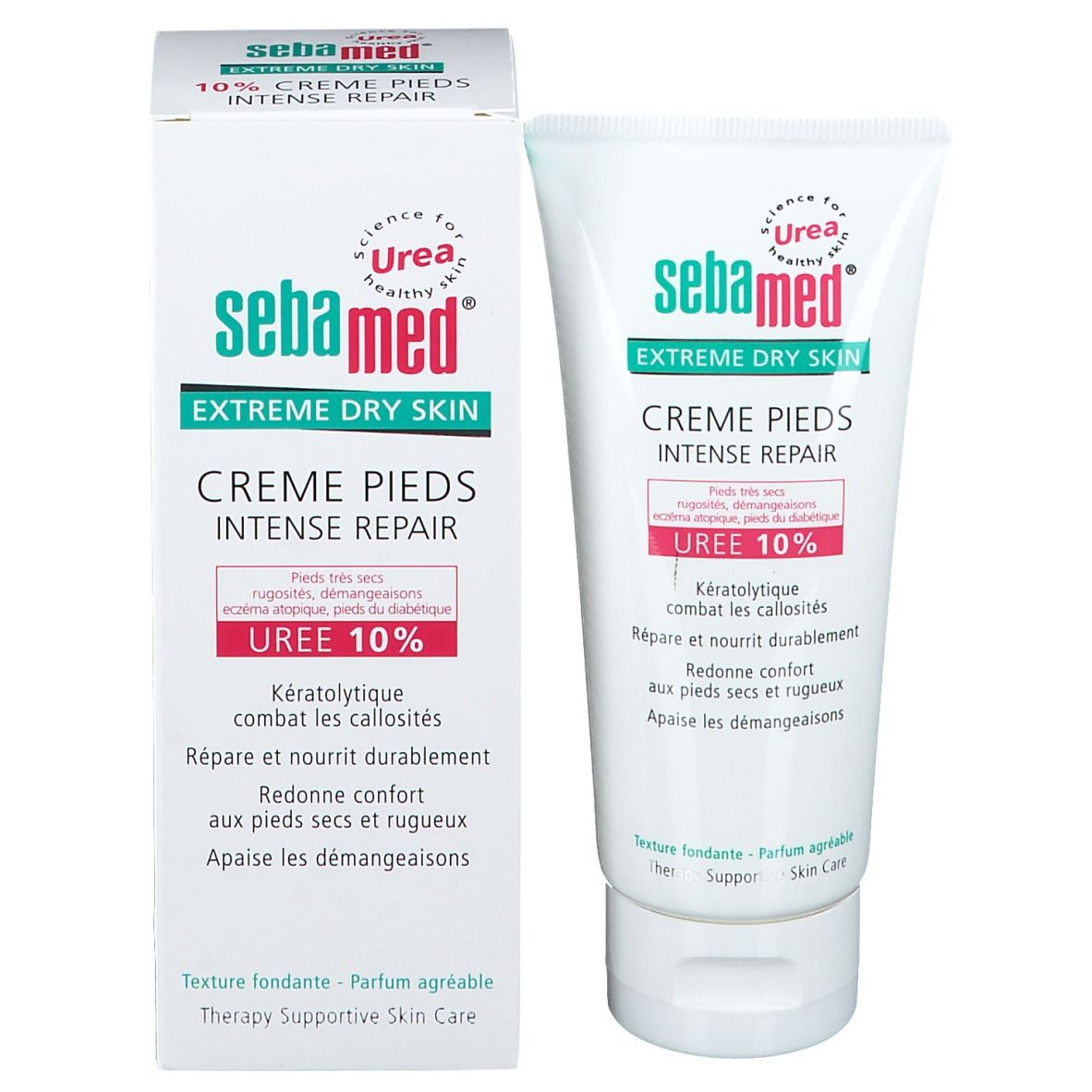 Crème Sebamed® et emballage. Tube et boîte, blanc avec texte vert et rouge. UREA 10% imprimé.