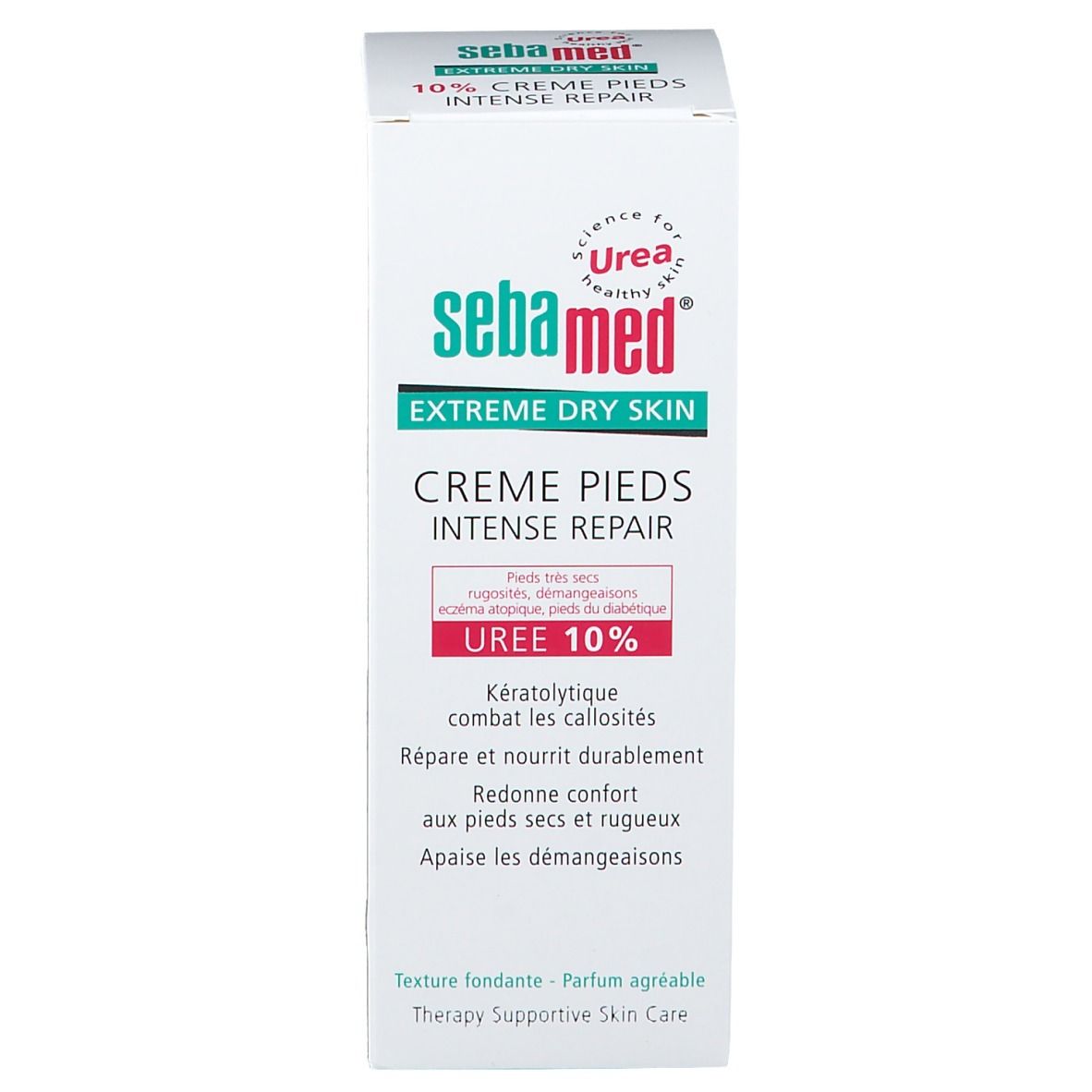 Emballage carton de la crème Sebamed®. Blanc avec texte vert et rouge. UREA 10% imprimé.