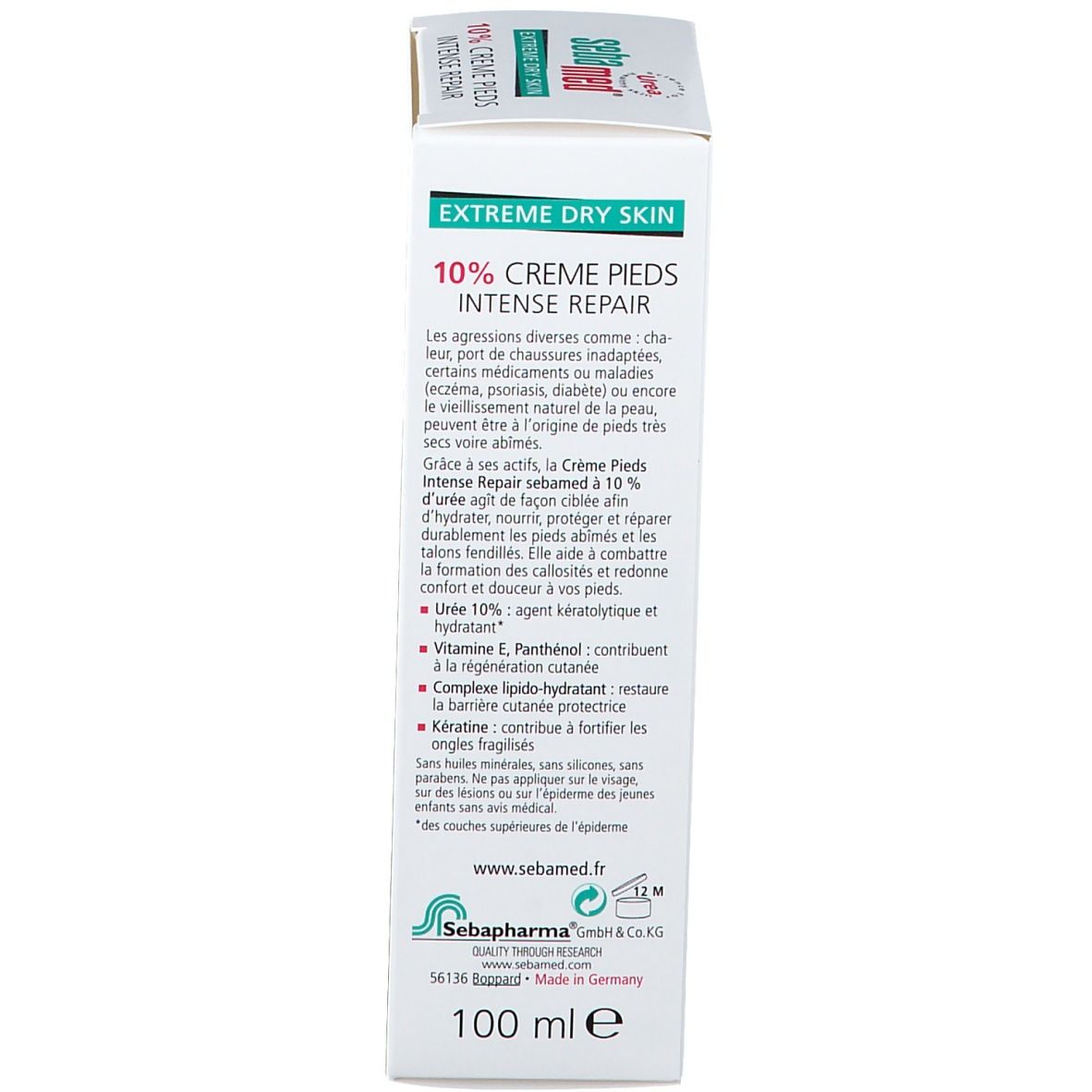 Dos de l'emballage de la crème Sebamed®. Contient des informations sur les ingrédients et l'utilisation. 100ml.