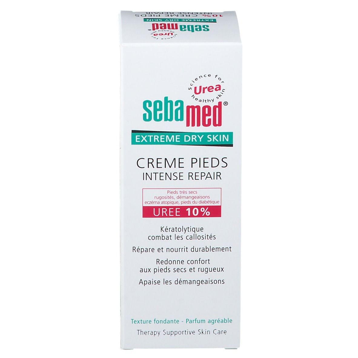 Emballage de la crème Sebamed®. Blanc avec texte vert et rouge. UREA 10% imprimé. Nom du produit et marque.