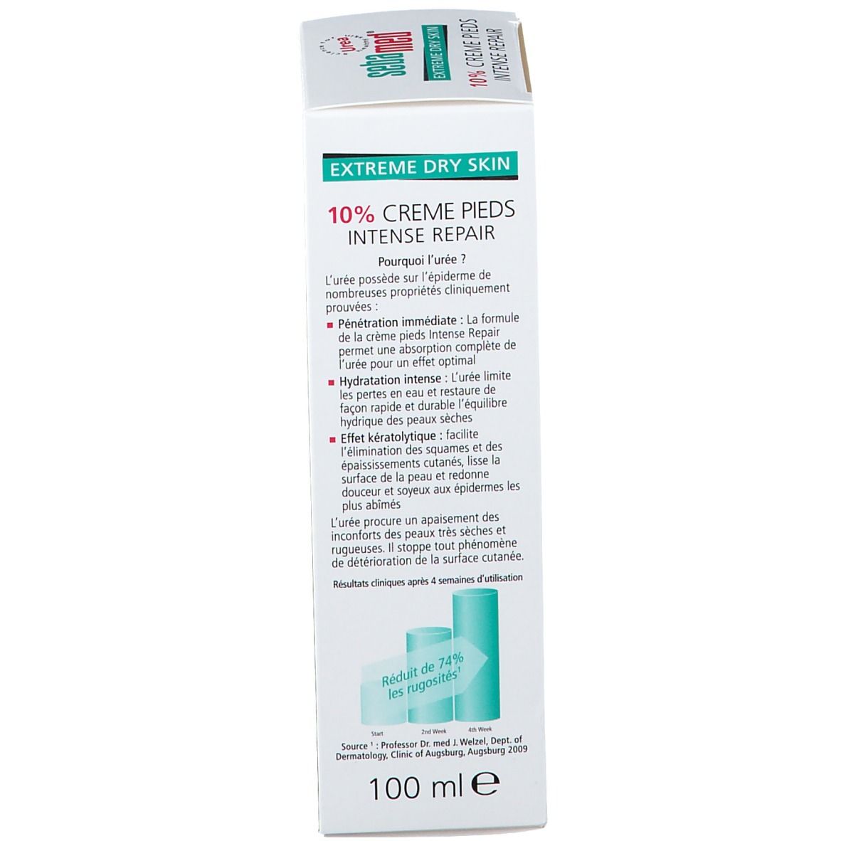 Dos de l'emballage de la crème Sebamed®. Contient des informations sur l'action et les résultats. 100ml.