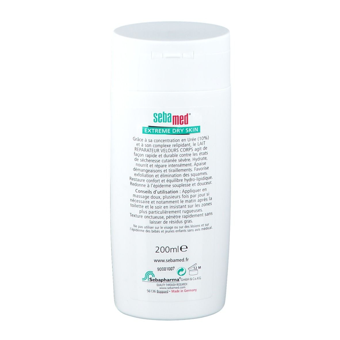 Dos du flacon blanc. Texte en français. En bas: 200ml, www.sebamed.fr, logo.