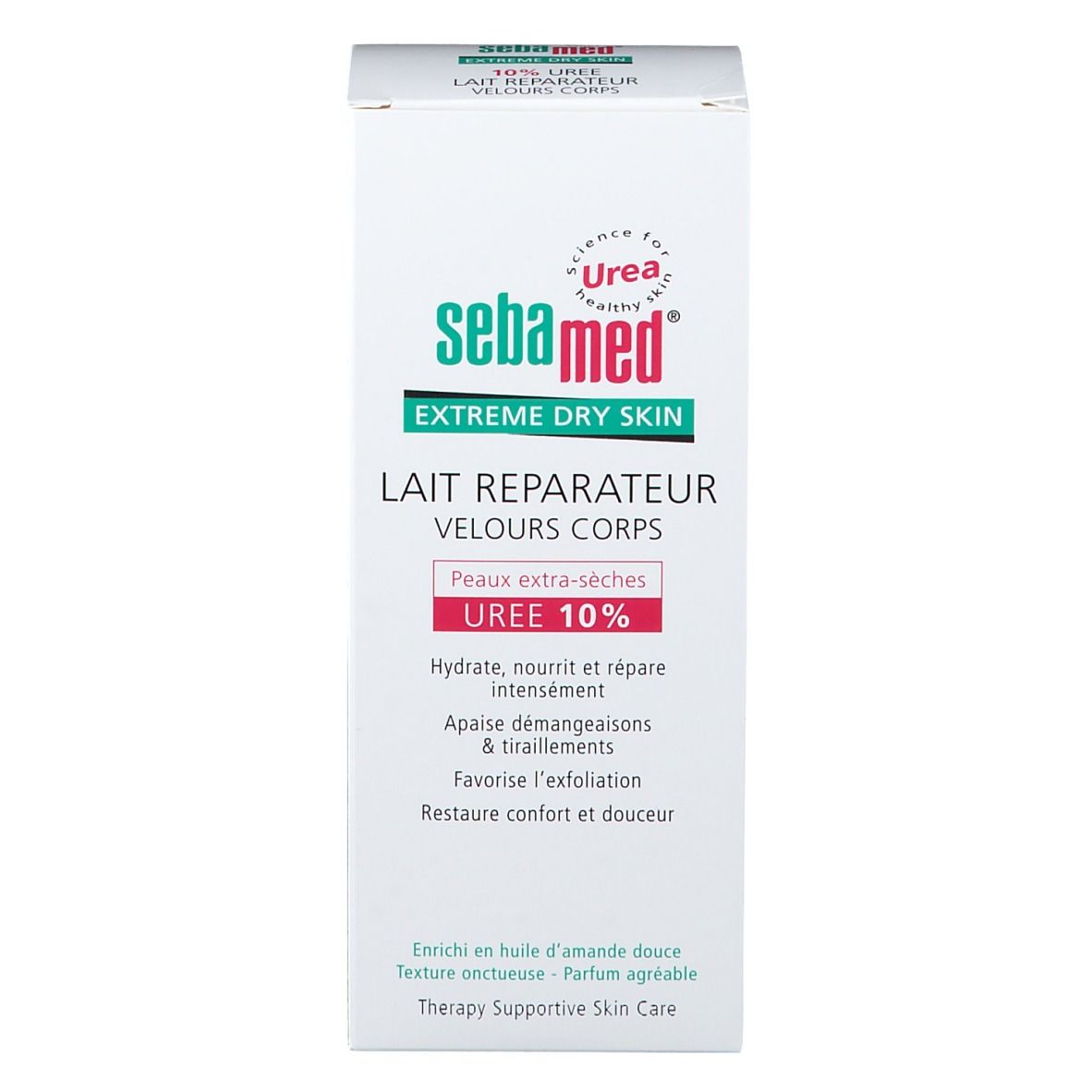 Emballage blanc du produit avec logo vert et blanc. Inscription: sebamed, Extreme Dry Skin, Lait Réparateur Velours Corps, UREE 10%.