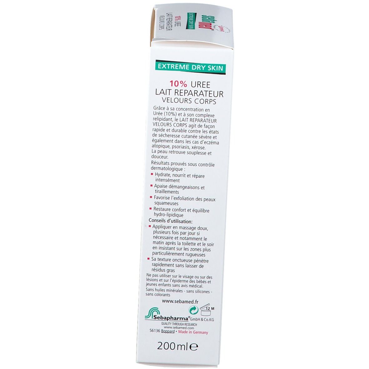 Vue latérale de l'emballage du produit. Texte en français. En bas: 200ml, www.sebamed.fr, logo.