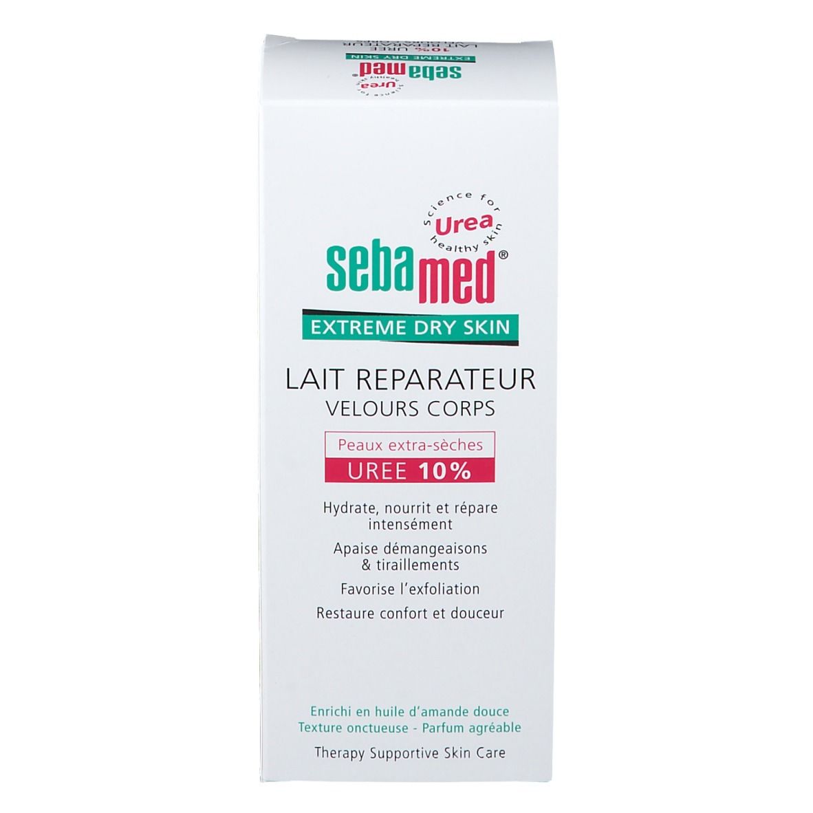 Emballage blanc du produit avec logo vert et blanc. Inscription: sebamed, Extreme Dry Skin, Lait Réparateur Velours Corps, UREE 10%.