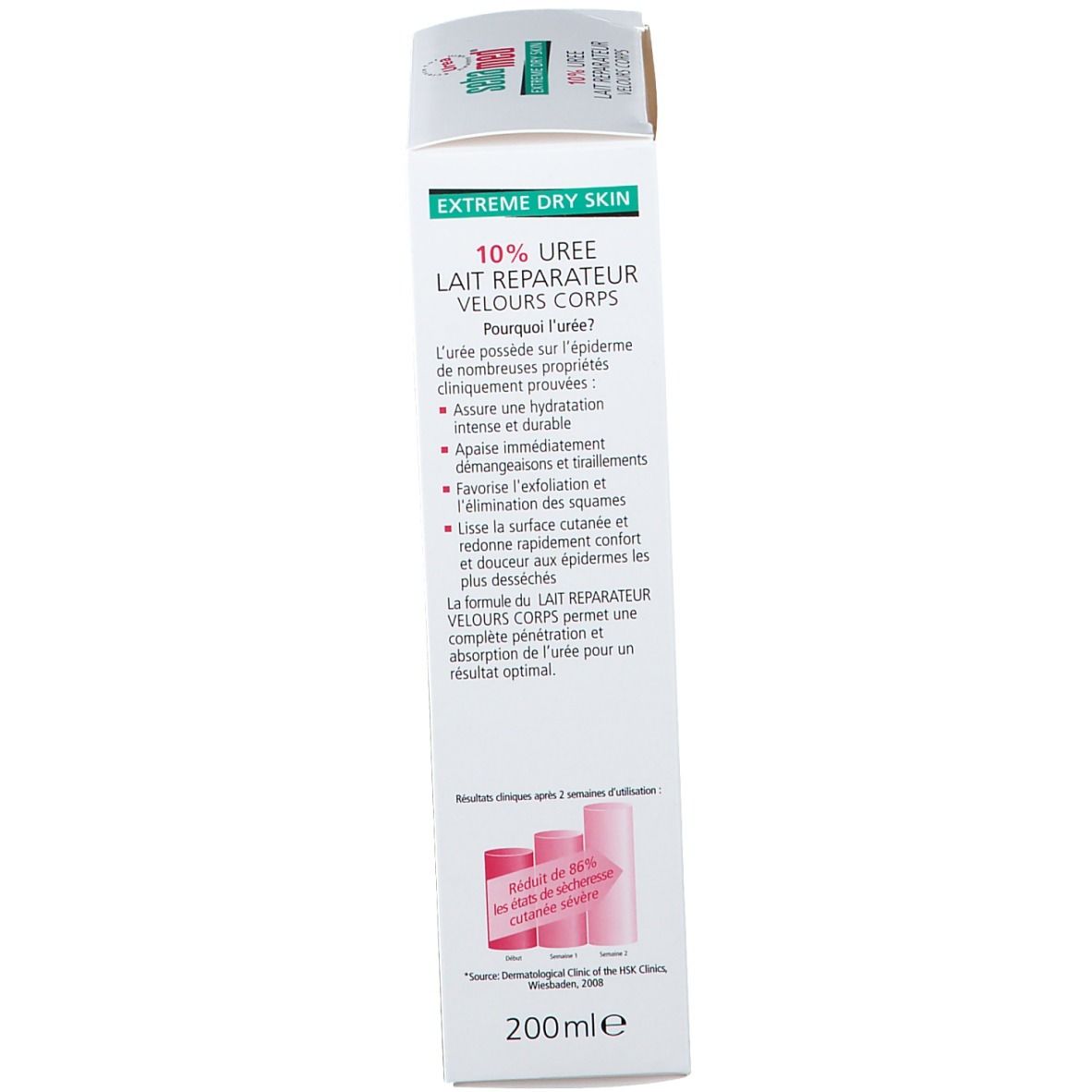 Vue latérale de l'emballage du produit. Texte en français. En bas: 200ml, logo.