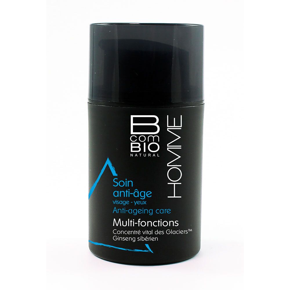 Flacon noir avec bouchon. Inscription : B COM BIO HOMME, Soin anti-âge, Multi-actions. Accents bleus.