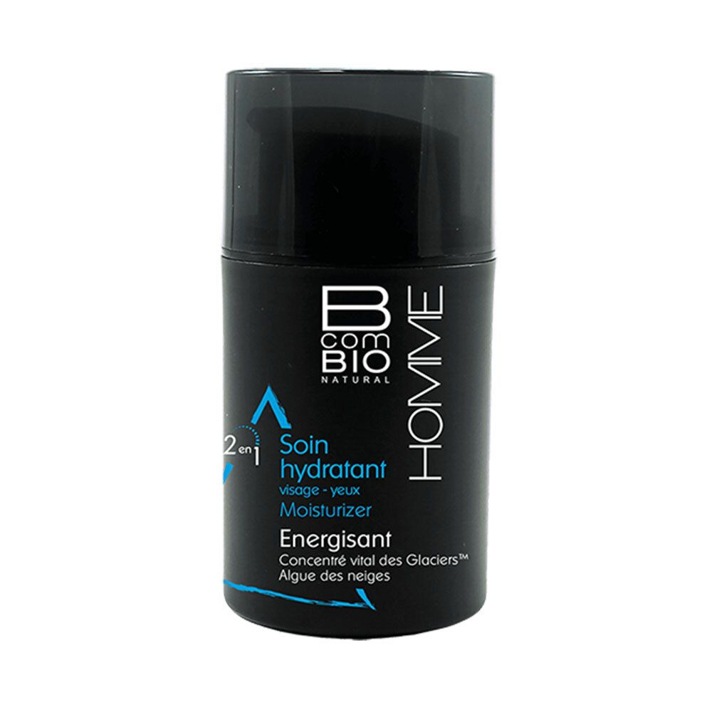 Flacon cylindrique noir avec texte bleu et blanc. Contient un produit de soin du visage. Bouchon sur le dessus.