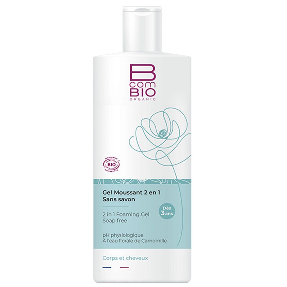 Flacon blanc avec logo B COM BIO ORGANIC et dessin floral. Texte: Gel Moussant 2 en 1 Sans savon, 2 in 1 Foaming Gel Soap free.