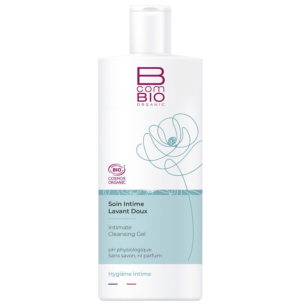 Flacon blanc avec logo BcomBIO et indication produit. Inscription: Soin Intime, Intimate Cleansing Gel, pH physiologique.