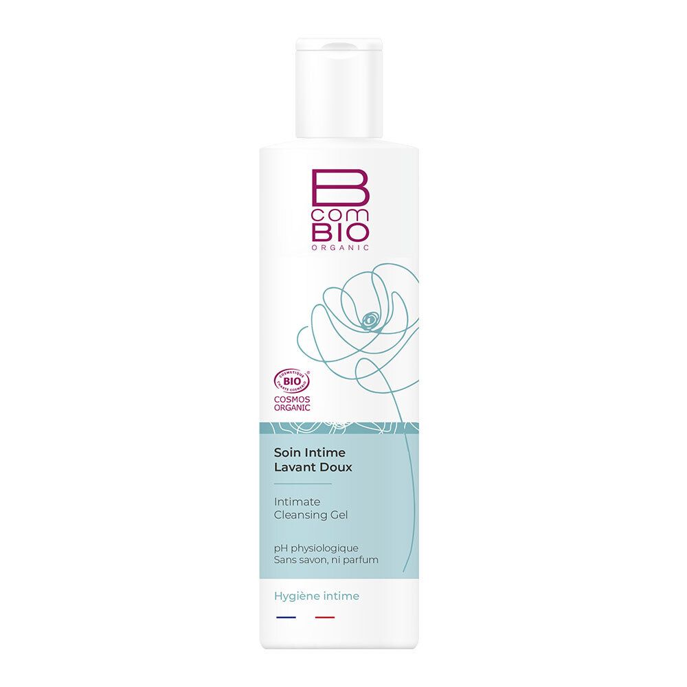Flacon blanc avec logo Bcom Bio et désignation du produit. Contient un logo de certification biologique. Texte : Soin Intime, Lavant Doux.