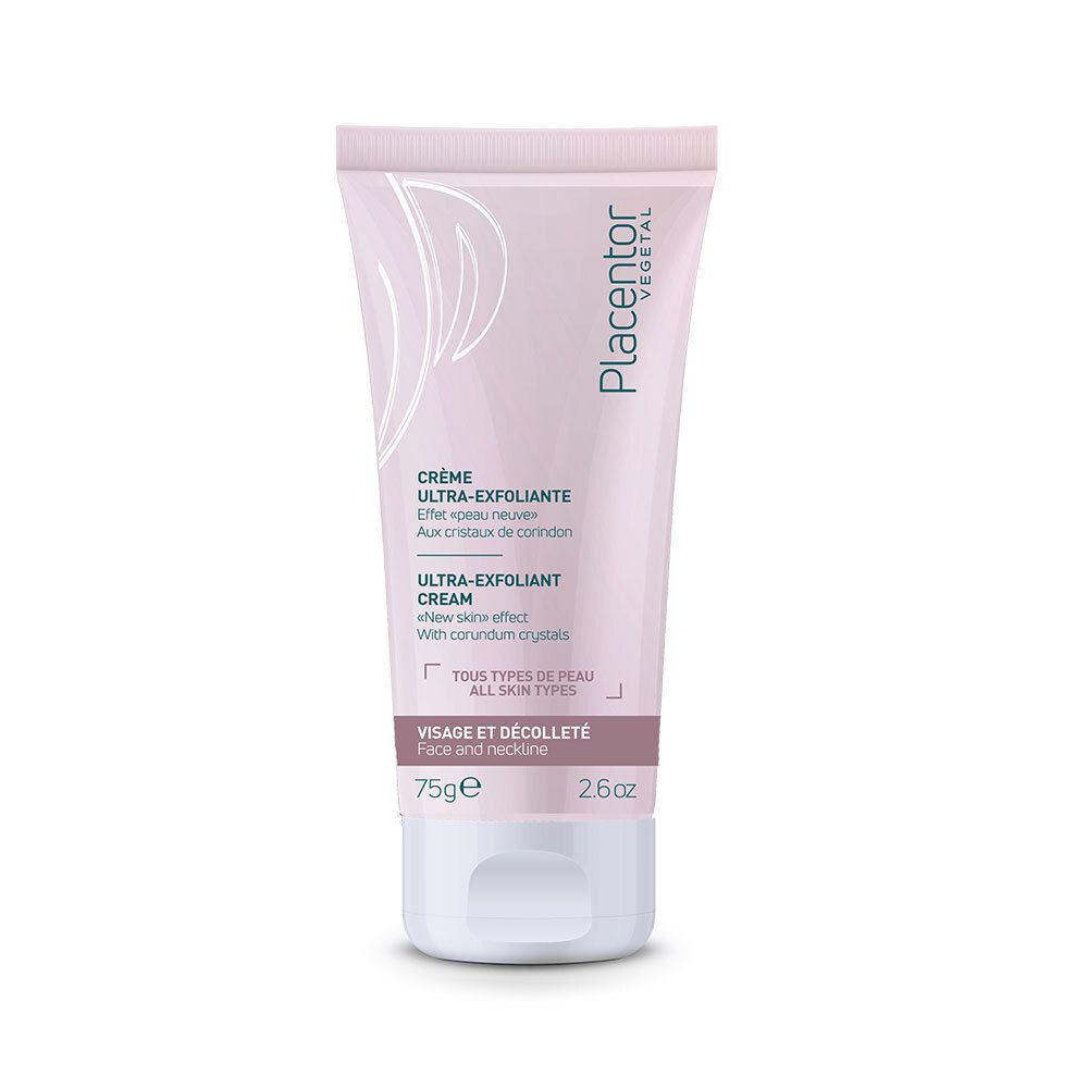 Tube rose avec bouchon blanc. Texte: Placentor Vegetal, Crème Ultra-Exfoliante, 75g, 2.6oz. Tous types de peau.