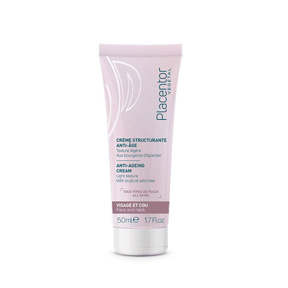 Tube rose avec bouchon blanc. Texte: Crème Structurante Anti-Âge, Anti-Ageing Cream. Pour le visage et le cou. Marque: Placentor Vegetal.
