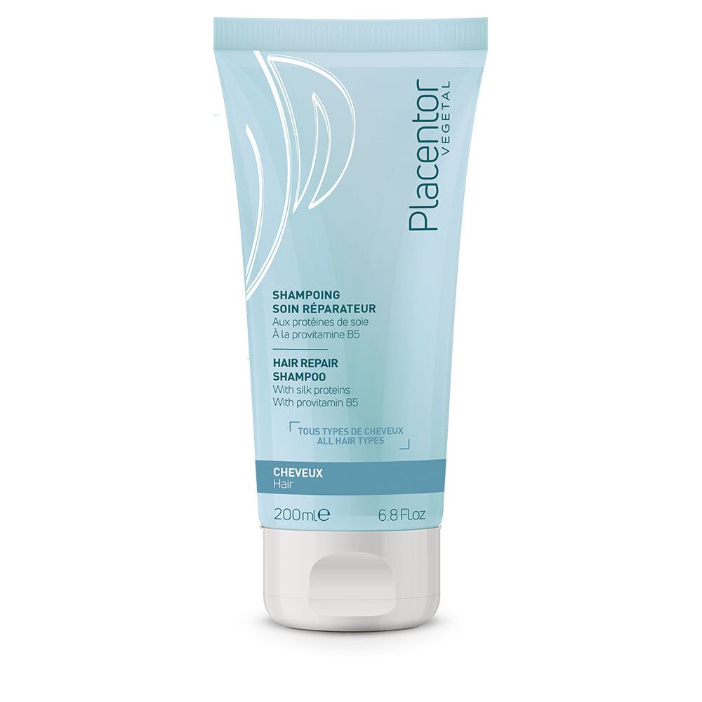 Tube bleu clair. Inscription: Placentor Végétal, SHAMPOING SOIN RÉPARATEUR, HAIR REPAIR SHAMPOO. Contenance: 200ml.