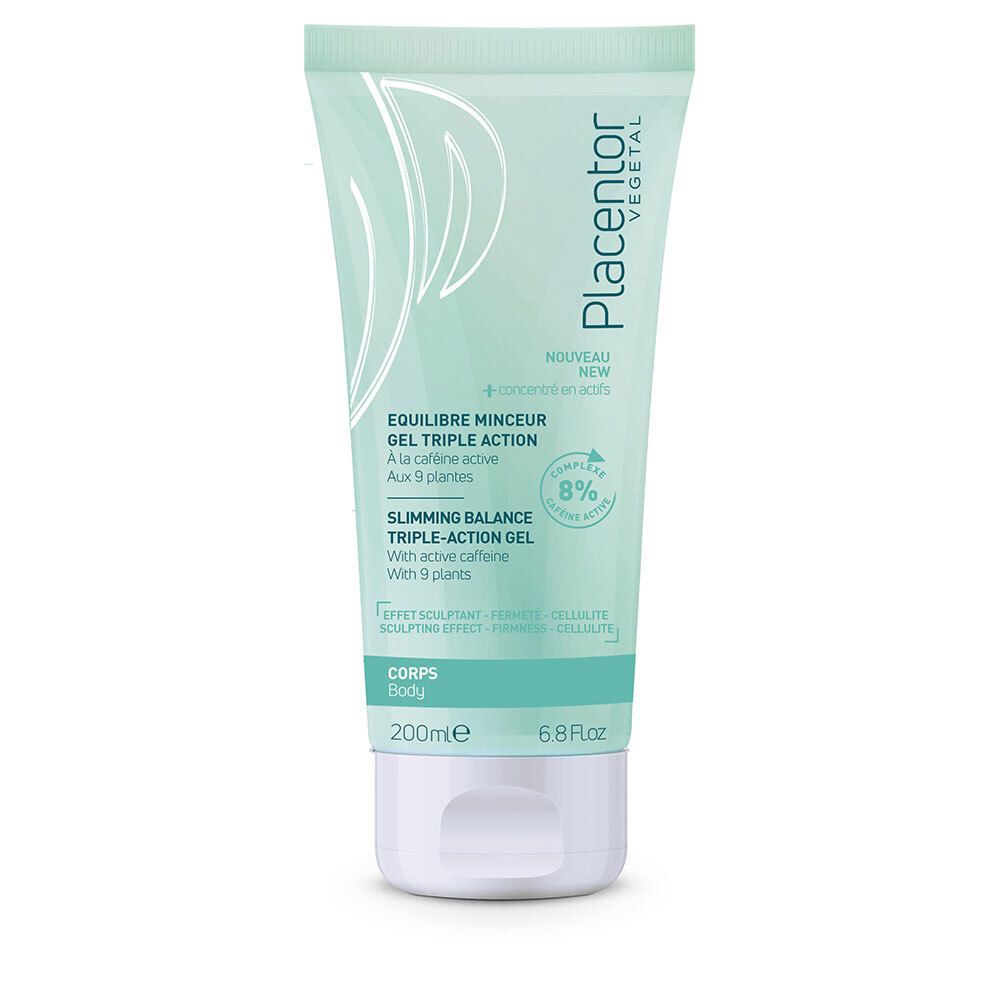 Tube vert clair Placentor Vegetal. Inscriptions: ÉQUILIBRE MINCEUR GEL TRIPLE ACTION. Contient des informations sur le produit et ses ingrédients.