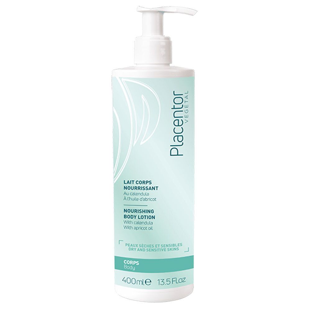 Flacon de lotion avec pompe blanche. Étiquette turquoise et blanche. Inscriptions: Lait Corps Nourrissant, 400ml, 13.5 Fl Oz.